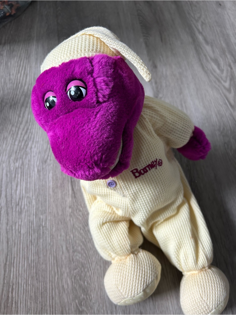 VINTAGE 1990'S BEDTIME BARNEY PLUSH YELLOW THERMAL KNIT PAJAMAS 16"